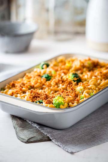 Baked Mac & Cheese With Broccoli in white dish