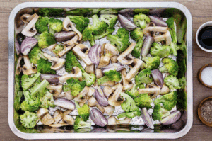 
                
            
            Roasted Broccoli and Mushrooms with Onion Wedges
            