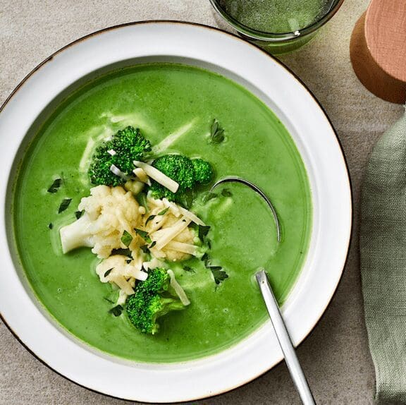 broccoli cauliflower soup, bowl, spoon, healthy, hearty, delicious, cheese