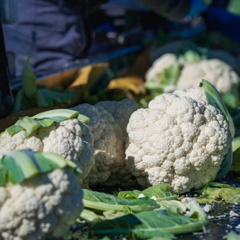 A table display with testimonial cauliflower bunches.