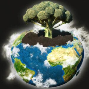 Broccoli growing out of planet earth to represent sustainability