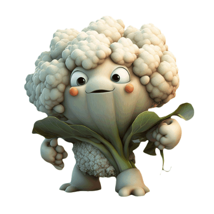 A fun pixar inspired cauliflower character representing cauliflower as one of the cool kids in the cauliflower history facts world. 