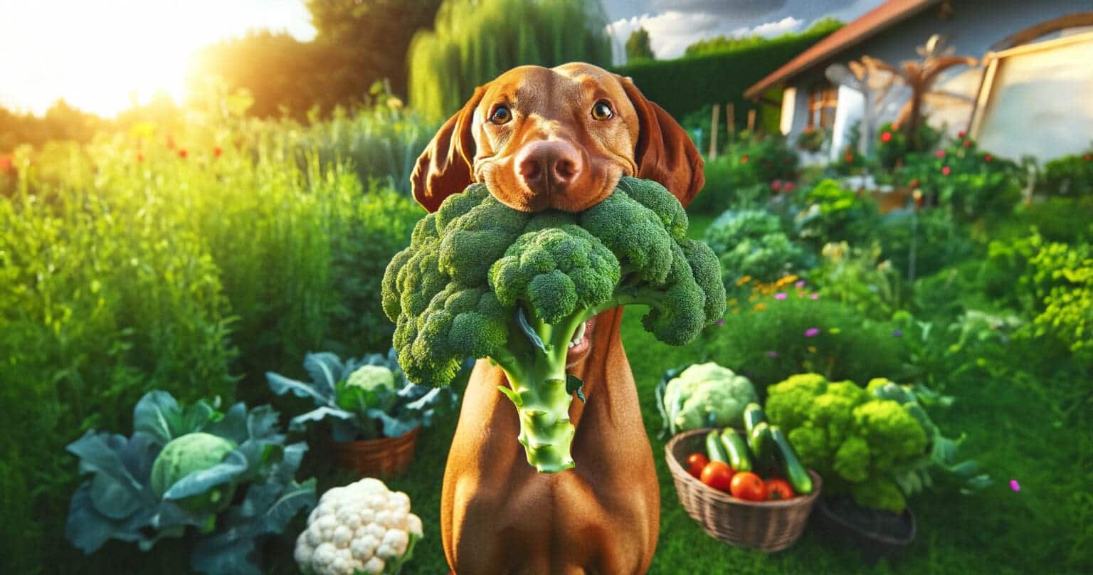 A dog is holding broccoli in his mouth.