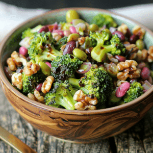 A colorful balsamic broccoli salad with mixed beans, grains, and nuts in a decorative bowl.