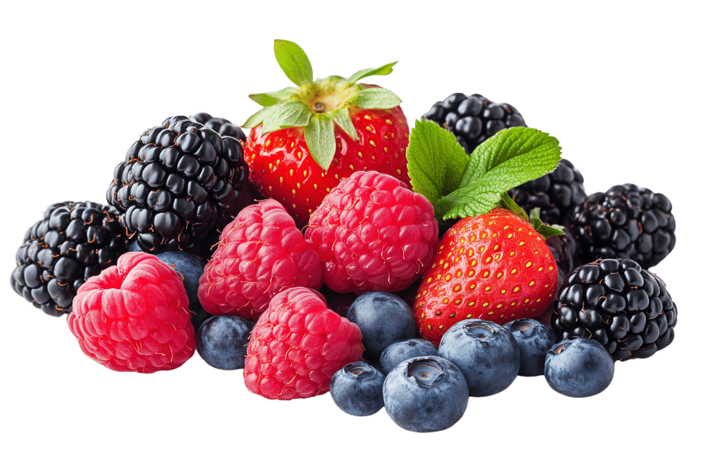 A visually stunning landing page image features a pile of assorted berries, including strawberries, blackberries, raspberries, and blueberries, adorned with a sprig of green leaves. Perfectly crafted with Elementor for an inviting and fresh design.