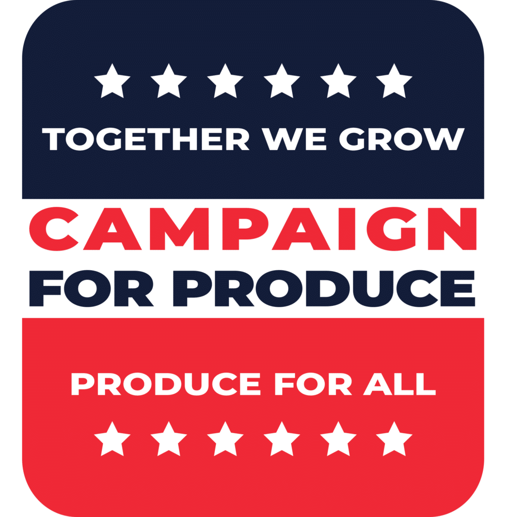 A graphic featuring the text "Together We Grow Campaign for Produce: Produce for All" with stars above and below, spotlighting Smith’s Farm's commitment to community at the Global Produce & Floral Show.