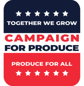 A graphic featuring the text "Together We Grow Campaign for Produce: Produce for All" with stars above and below, spotlighting Smith’s Farm's commitment to community at the Global Produce & Floral Show.