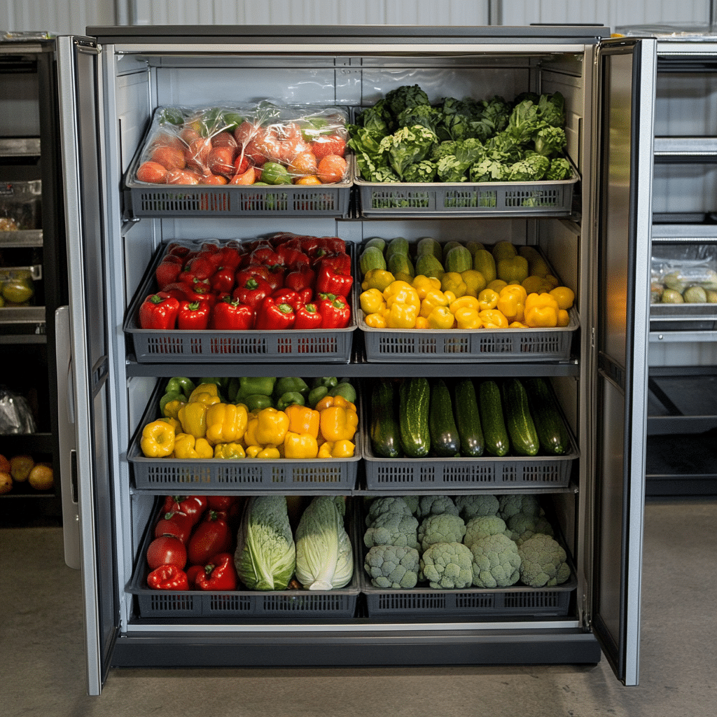 A refrigerator showcasing organized shelves filled with fresh produce, including bell peppers, zucchini, broccoli, and tomatoes, highlights the essence of a successful freshness campaign.